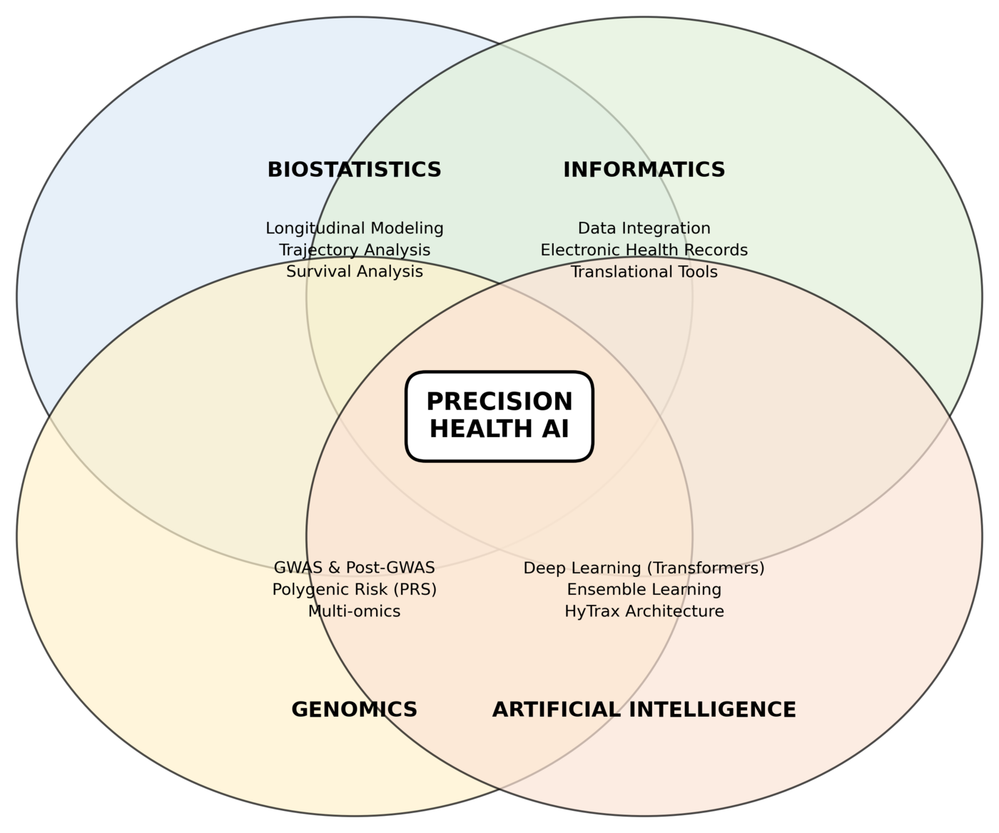 Venn diagram of research areas: biostatistics, informatics, genomics, and artificial intelligence, overlapping in precision health AI